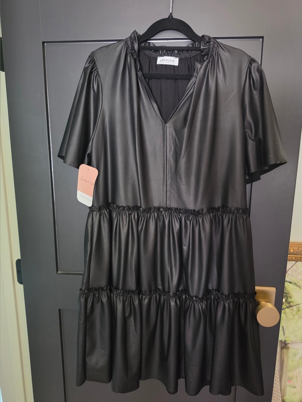 Black Tiered Faux Leather Short Dress - Women's